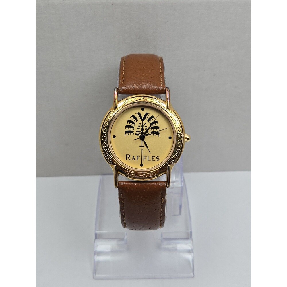 Vintage Raffles Hotel Singapore L'Orelogg 34mm Quartz Watch Leather New Battery